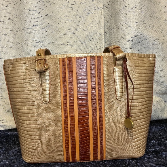 Brahmin Medium Asher Cabana Vineyard Stripe Crocodile Embossed Leather Tote Bag - Picture 1 of 15